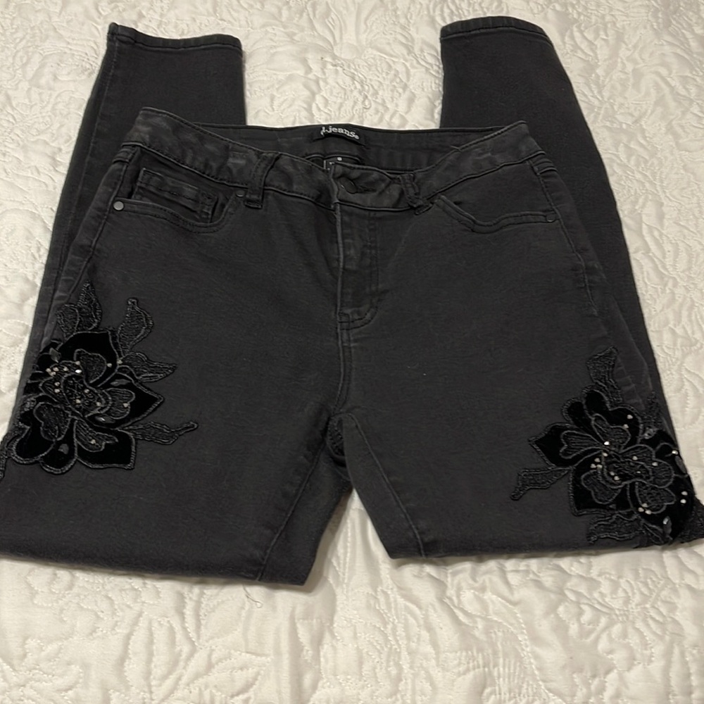 D.jeans, black with velvet/lace/beads appliqué. Used. Size 8.